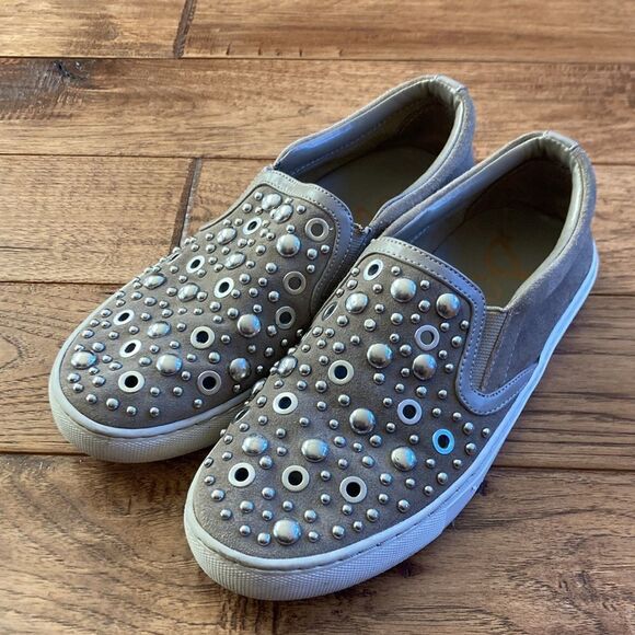 SAM Edelman Paven Embellished Studded Slip-On Sneakers in Taupe Suede Size 6 - Picture 6 of 10